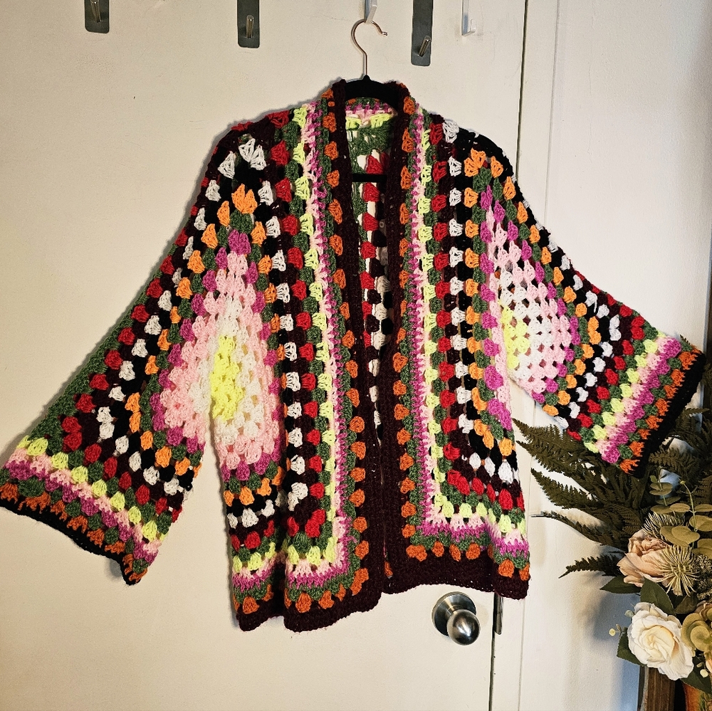 Handmade Crochet Maximalist Hex Square Granny Square Cardigan Sweater